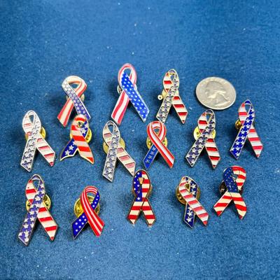 GROUP OF 14 PATRIOTIC RED, WHITE AND BLUE RIBBON SHAPED ENAMELED PINS