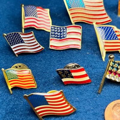 12 ASSORTED U.S. FLAG LAPEL PINS- 1 RHINESTONE, 8 ENAMELED