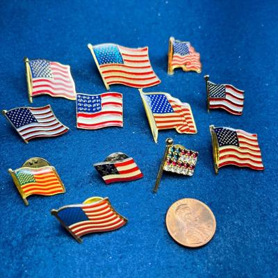 12 ASSORTED U.S. FLAG LAPEL PINS- 1 RHINESTONE, 8 ENAMELED