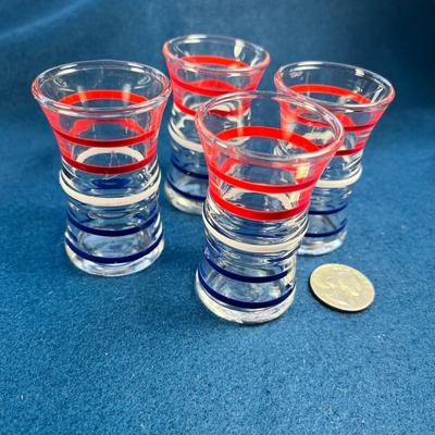 SET OF 4 RED, WHITE, BLUE STRIPED LITTLE SHOT-LIKE GLASSES