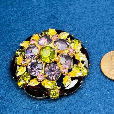 FANCY GREEN AND PURPLE RHINESTONE BROOCH