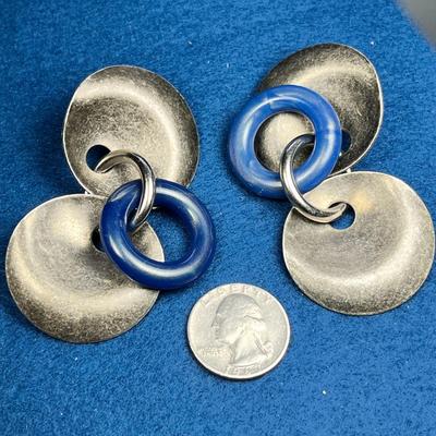 KATE HINES BIG BLUE AND SILVERTONE DANGLY EARRINGS