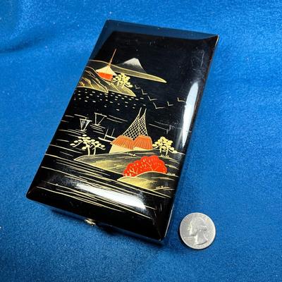 BLACK LACQUER JEWELRY BOX- SILK LINED, PAINTED FRONT