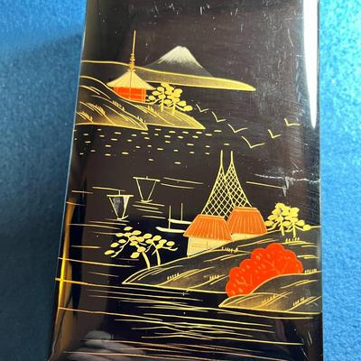 BLACK LACQUER JEWELRY BOX- SILK LINED, PAINTED FRONT