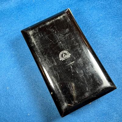 BLACK LACQUER JEWELRY BOX- SILK LINED, PAINTED FRONT