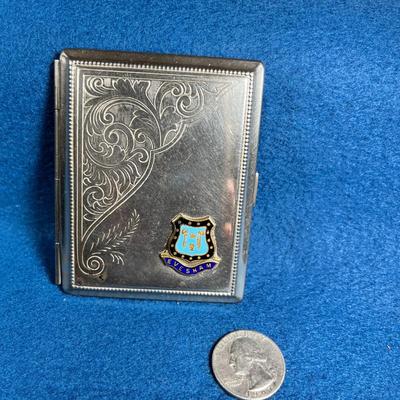 VINTAGE CIGARETTE CASE WITH ETCHING AND ENAMELED "EVESHAM" MEDALLION