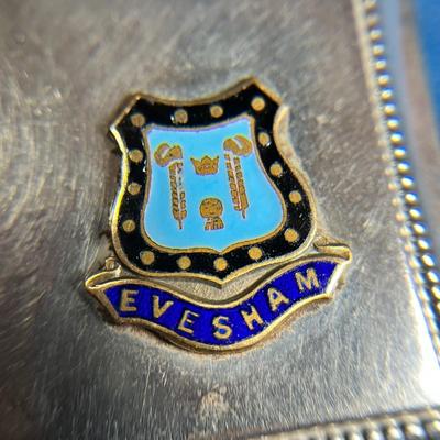 VINTAGE CIGARETTE CASE WITH ETCHING AND ENAMELED "EVESHAM" MEDALLION