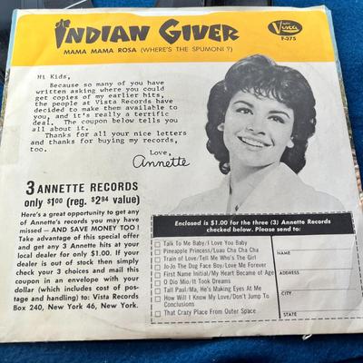 ANNETTE (FUNICELLO) SINGS "INDIAN GIVER" 45 rpm RECORD, COLORFUL JACKET