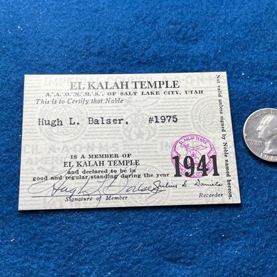 1941 EL KALAH TEMPLE, SALT LAKE CITY, MEMBERSHIP CARD