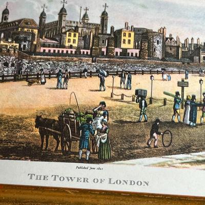 THE TOWER OF LONDON c. 1821 COLOR PRINT IN ORNATE FRAME