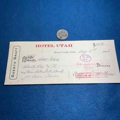 1926 HOTEL UTAH CANCELED CHECK
