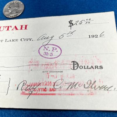 1926 HOTEL UTAH CANCELED CHECK