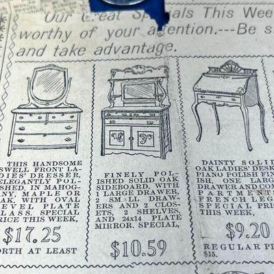 VICTORIAN NEWSPAPER CLIPPING WITH FURNITURE AD- CHECK OUT THOSE PRICES!