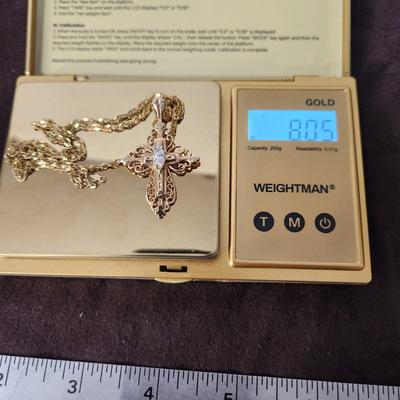 10k Gold necklace w Cross and Stone Hallmark OC