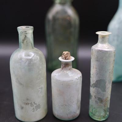 1800s Round Bottom Bottle & Assortment of Antique Bottles