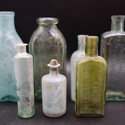 1800s Round Bottom Bottle & Assortment of Antique Bottles