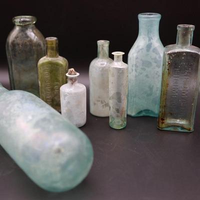 1800s Round Bottom Bottle & Assortment of Antique Bottles