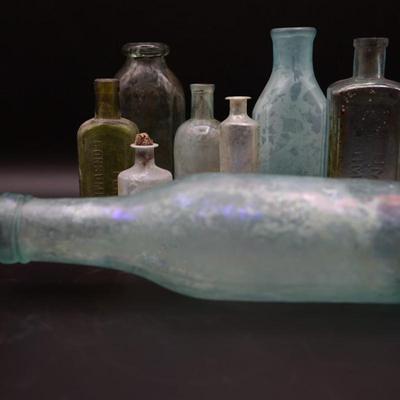 1800s Round Bottom Bottle & Assortment of Antique Bottles