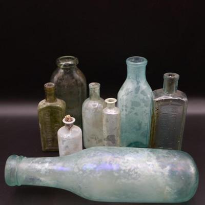1800s Round Bottom Bottle & Assortment of Antique Bottles