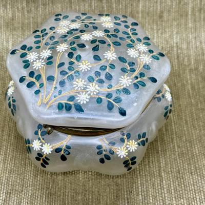 LOT 21 - Antique Satin Glass Floral Painted Trinket Box
