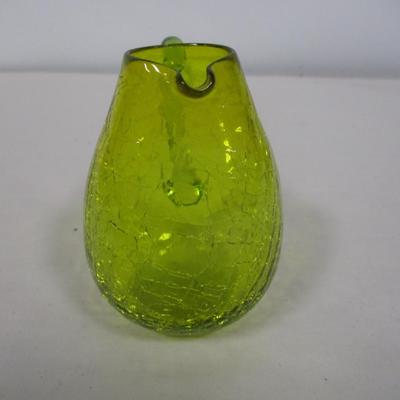 Vintage Lime Green Hand Blown Crackle Glass Pitcher