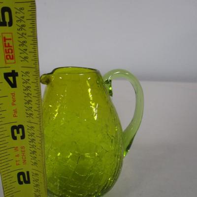 Vintage Lime Green Hand Blown Crackle Glass Pitcher