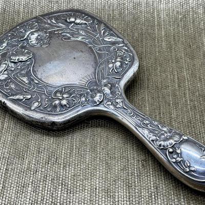 LOT 25 - Antique Repousse Art Nouveau Sterling Silver Hand Mirror