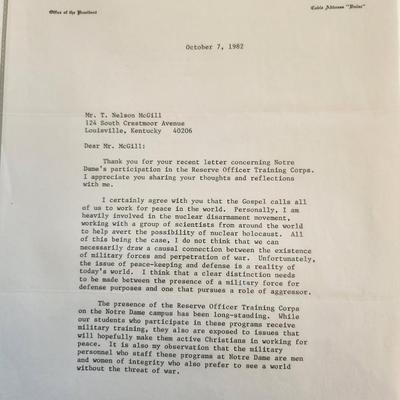 Letter from Fr. Hesburgh of Notre Dame University