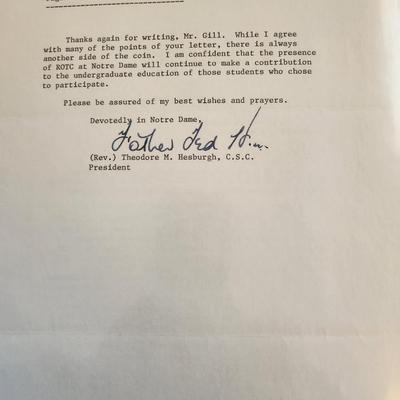 Letter from Fr. Hesburgh of Notre Dame University