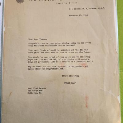 1944 Proctor & Gamble Letter to Contest Winner - Mrs. Tatman