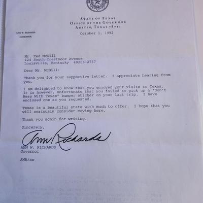 Letter from Ann Richards, Governor of Texas