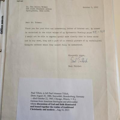 Signed letter From Paul Tillich, Philosopher