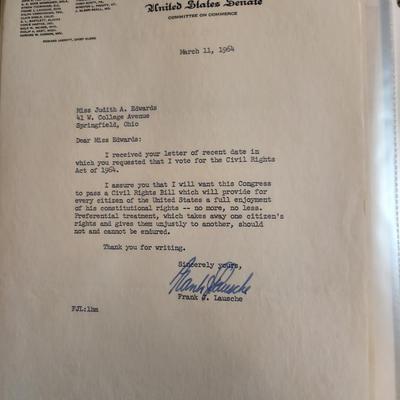 Letter from Frank Lausche, Senator of Ohio