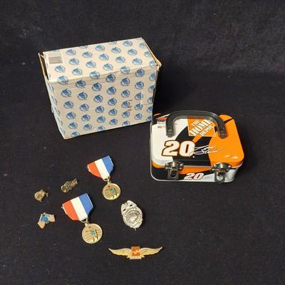 #20 NASCAR COLLECTIBLE, BOXING MEDALS, METAL FIREMAN BADGE AND MORE