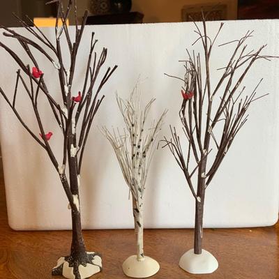Three bare trees (one birch, two with Cardinals)