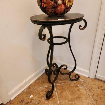 Small Round Wood Table on Metal Base with Decoration 16