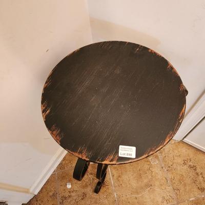 Small Round Wood Table on Metal Base with Decoration 16" dia