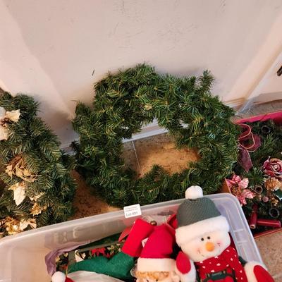 Lot of Christmas Decor 4 wreaths & Tote filled w Santa's ribbon