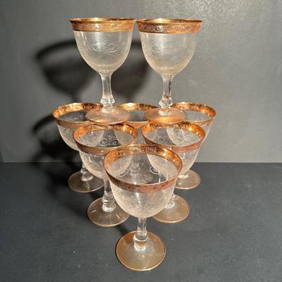 LOT 6L: Vintage Gold Trim Etched Crystal Wine Goblets/Glasses
