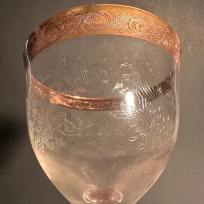 LOT 6L: Vintage Gold Trim Etched Crystal Wine Goblets/Glasses