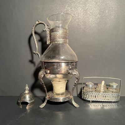 LOT 14W: 1978 Vintage Carafe Leonard Silver Plated Warmer w/ Condiment Set