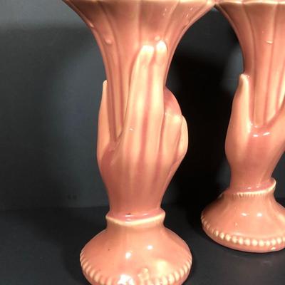 LOT 44L: Pretty in Pink - 1940s-50s Art Deco USA Pottery Hand Vases, Vintage 3-tier California Pottery Tray, Etched Glass Candle Holders...