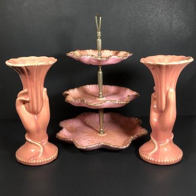 LOT 44L: Pretty in Pink - 1940s-50s Art Deco USA Pottery Hand Vases, Vintage 3-tier California Pottery Tray, Etched Glass Candle Holders...