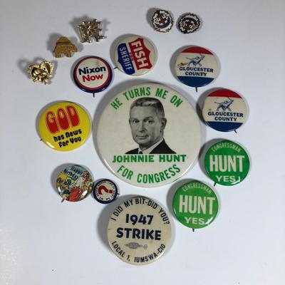 LOT 101L: Vintage Political Buttons & Pins - Johnnie Hunt, Nixon, Fish, Gloucester County Republicans & More