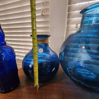 Large lot Blue Glass Vases, Bottle, Cup, Spain 7 pieces