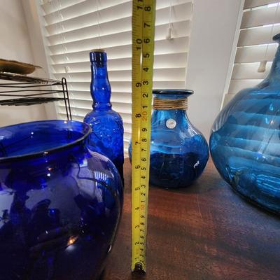 Large lot Blue Glass Vases, Bottle, Cup, Spain 7 pieces