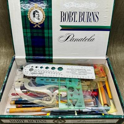 LOT 37 - Vintage Office Supplies Cigar Box Lot - Pencils / Templates / Nibs