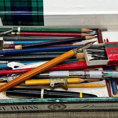 LOT 37 - Vintage Office Supplies Cigar Box Lot - Pencils / Templates / Nibs