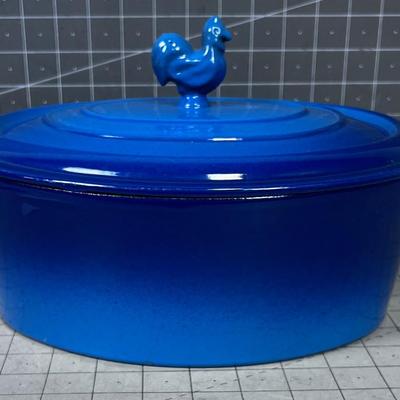 Blue Oval Cast Iron Enamel NEVER USED with ROOSTER HANDLE Pot and Lid