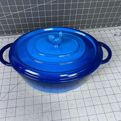 Blue Oval Cast Iron Enamel NEVER USED with ROOSTER HANDLE Pot and Lid